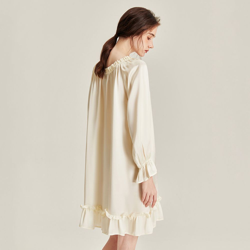 Women’s Long Sleeve 100% Mulberry Silk Nightgown Soft Ruffle Silk Sleep Dress