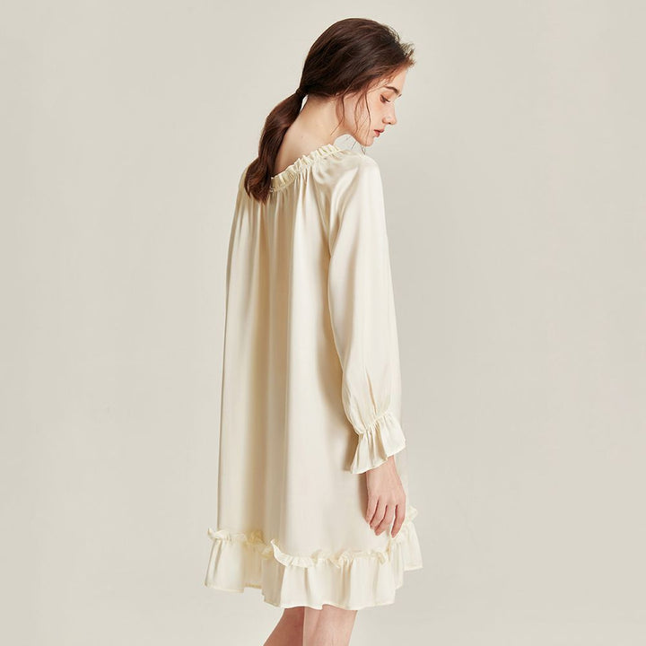 Women’s Long Sleeve 100% Mulberry Silk Nightgown Soft Ruffle Silk Sleep Dress