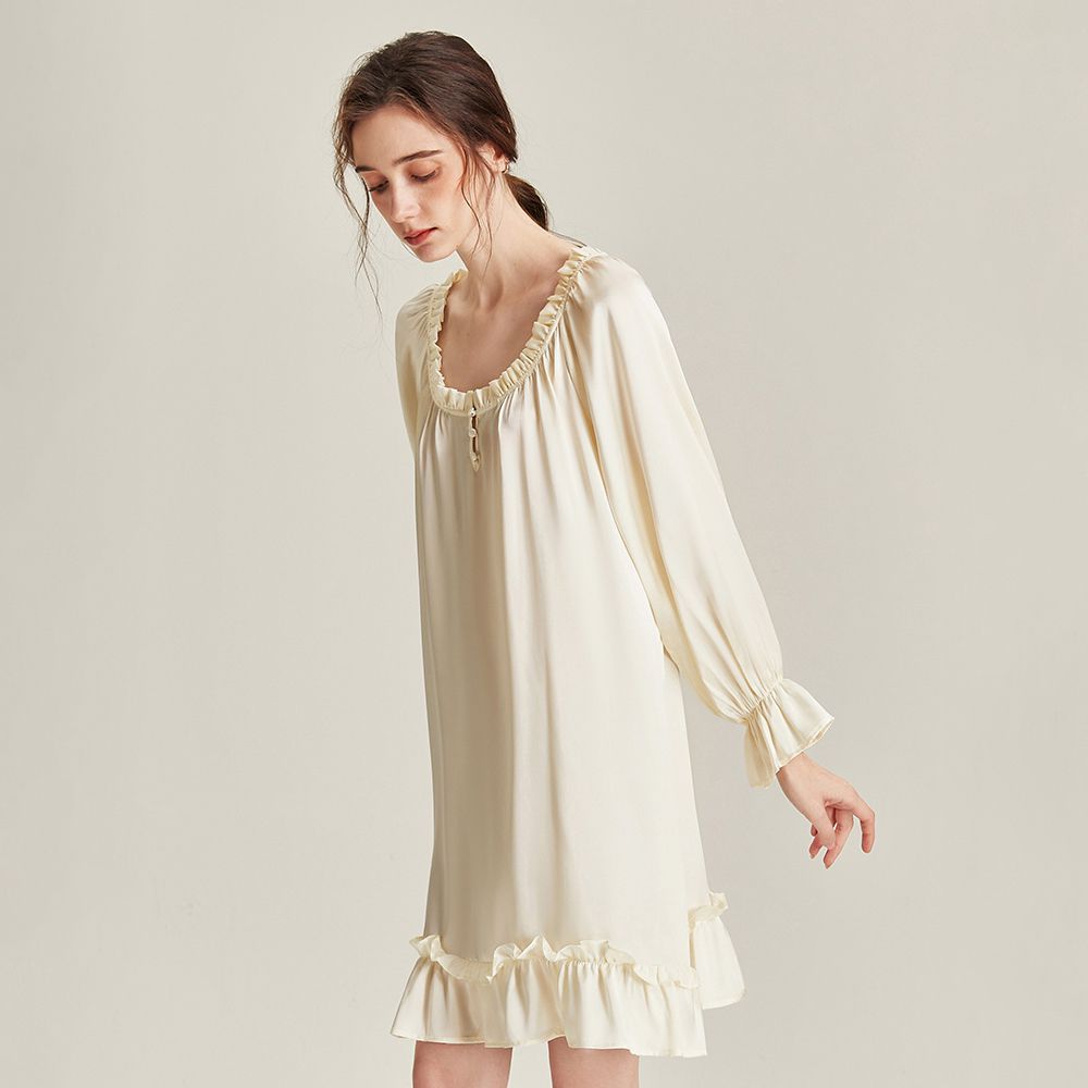 Women's Long Sleeve 100% Mulberry Silk Nightgown Soft Ruffle Silk Slee –  Luxurysilkpjs