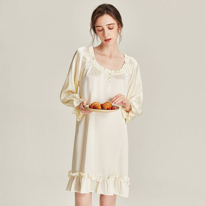 Women’s Long Sleeve 100% Mulberry Silk Nightgown Soft Ruffle Silk Sleep Dress