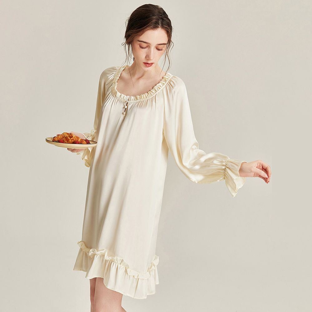 Women’s Long Sleeve 100% Mulberry Silk Nightgown Soft Ruffle Silk Sleep Dress
