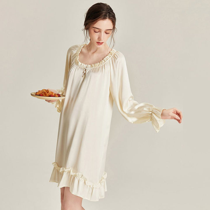 Women’s Long Sleeve 100% Mulberry Silk Nightgown Soft Ruffle Silk Sleep Dress