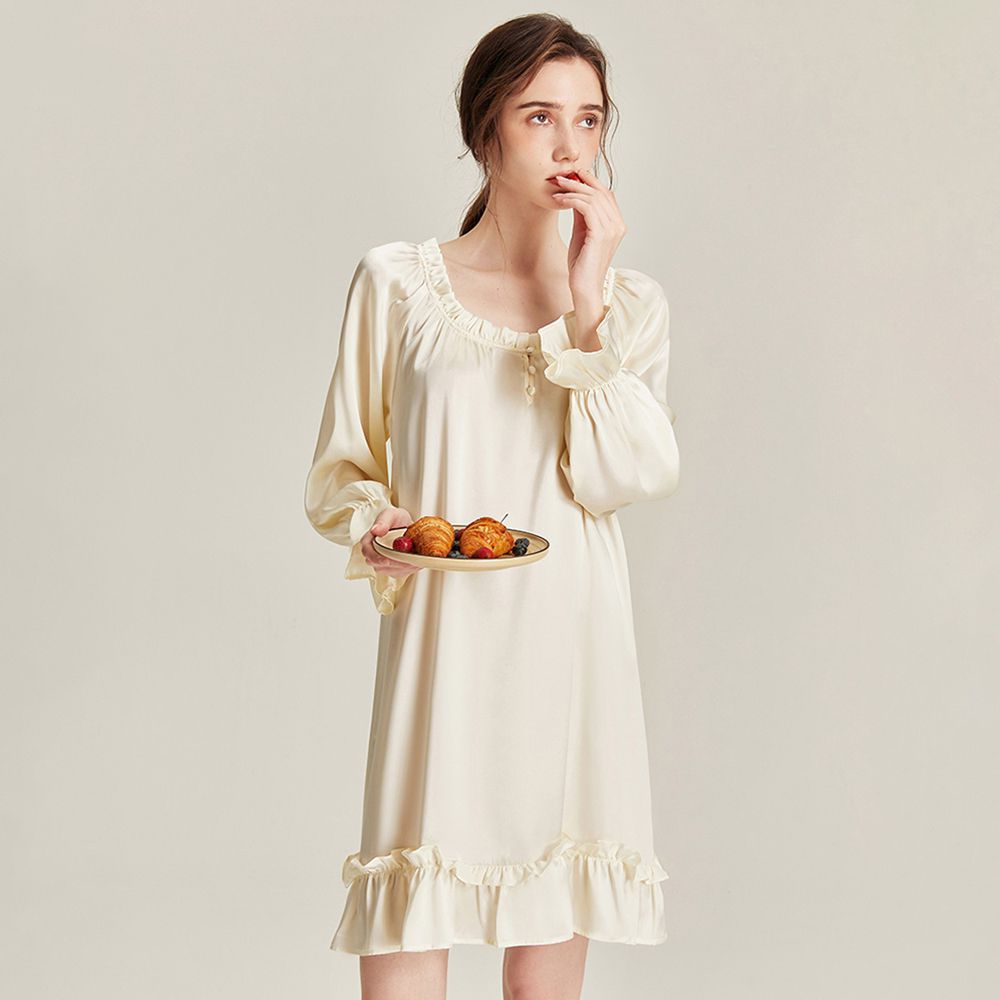 Women’s Long Sleeve 100% Mulberry Silk Nightgown Soft Ruffle Silk Sleep Dress