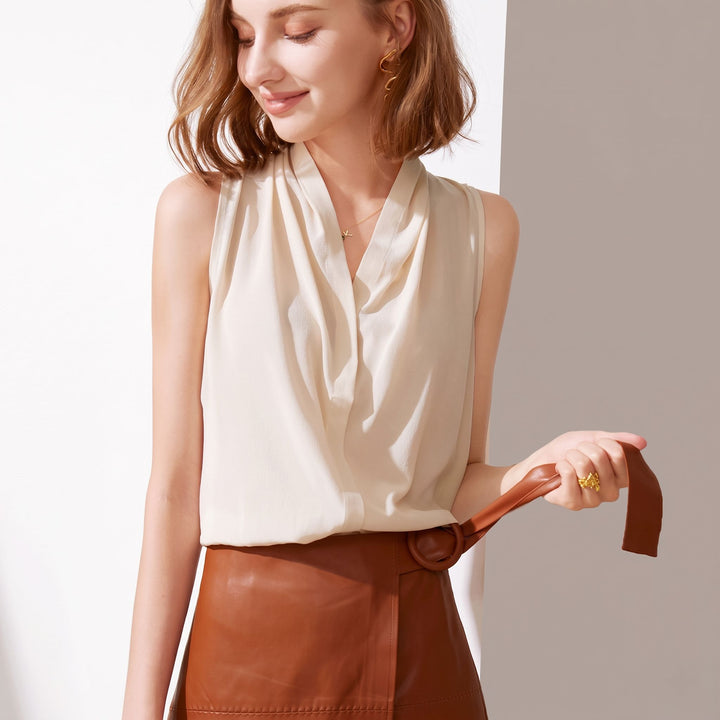 Women’s Sleeveless Draped V-Neck Mulberry Silk Blouse Top