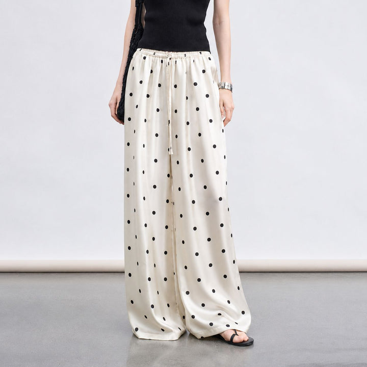Polka-Dot Print Washable Mulberry Silk Wide-Leg Pants For Women