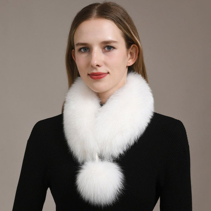 Women’s Real Fox Fur Scarf with Pom-Pom Genuine Fur Collar Neck Warmer