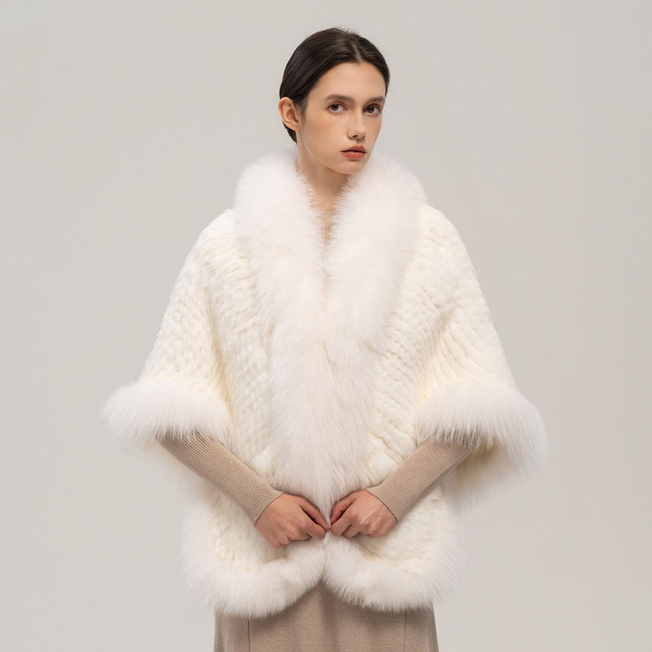 Winter Wedding Real Fox Fur Trimmed Rabbit Fur Knitted Shawl Wrap Cape