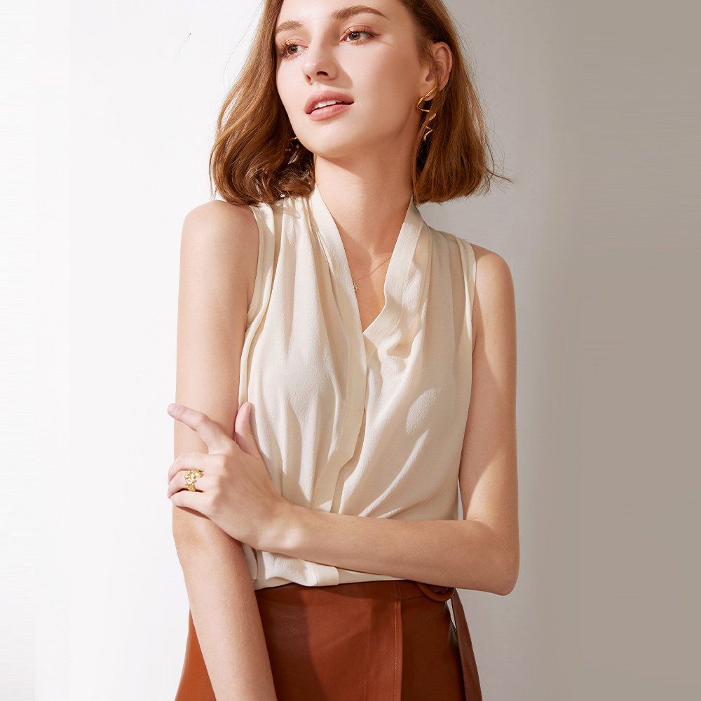 Women’s Sleeveless Draped V-Neck Mulberry Silk Blouse Top