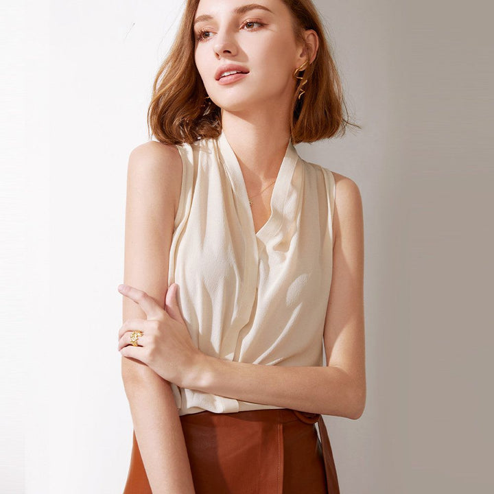 Women’s Sleeveless Draped V-Neck Mulberry Silk Blouse Top