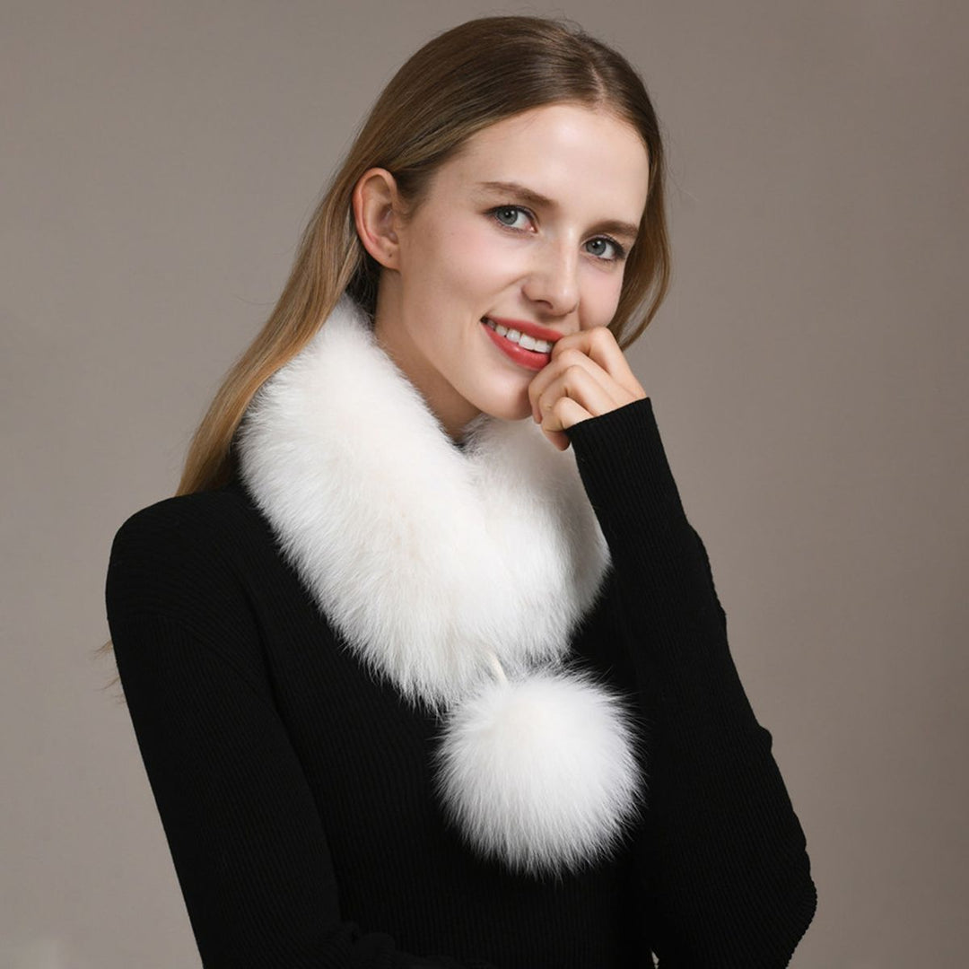 Women’s Real Fox Fur Scarf with Pom-Pom Genuine Fur Collar Neck Warmer