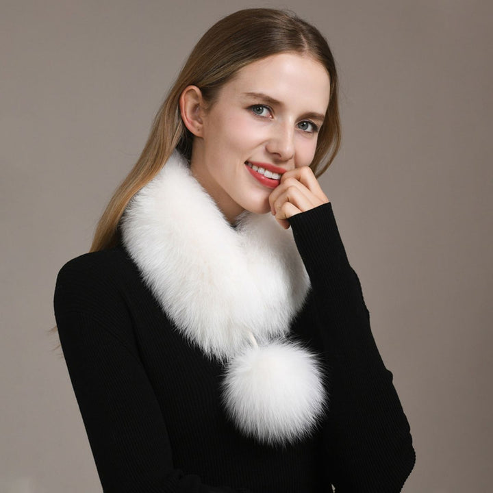 Women’s Real Fox Fur Scarf with Pom-Pom Genuine Fur Collar Neck Warmer