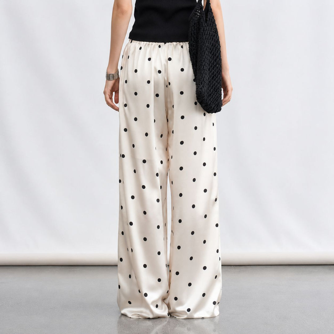 Polka-Dot Print Washable Mulberry Silk Wide-Leg Pants For Women