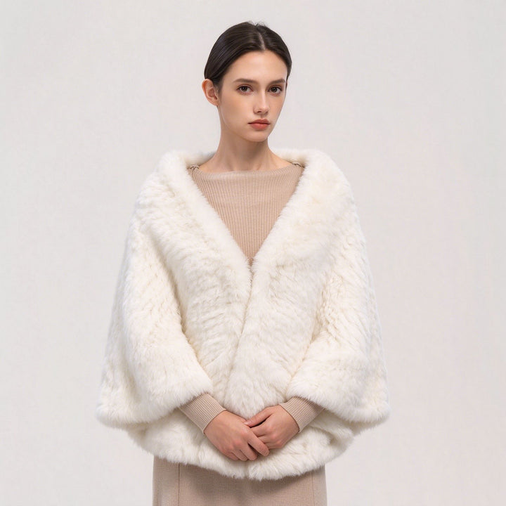 Rabbit Fur Knitted Shawl Wrap with Pockets Affordable Fur Coat