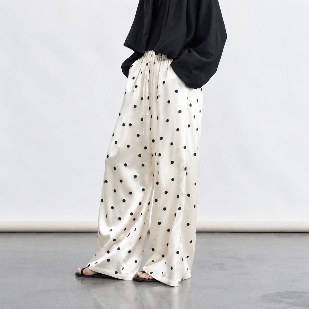Polka-Dot Print Washable Mulberry Silk Wide-Leg Pants For Women