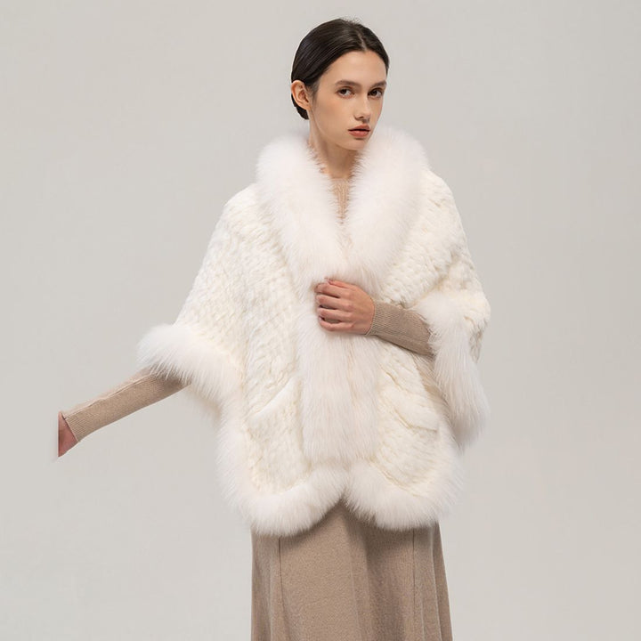 Winter Wedding Real Fox Fur Trimmed Rabbit Fur Knitted Shawl Wrap Cape