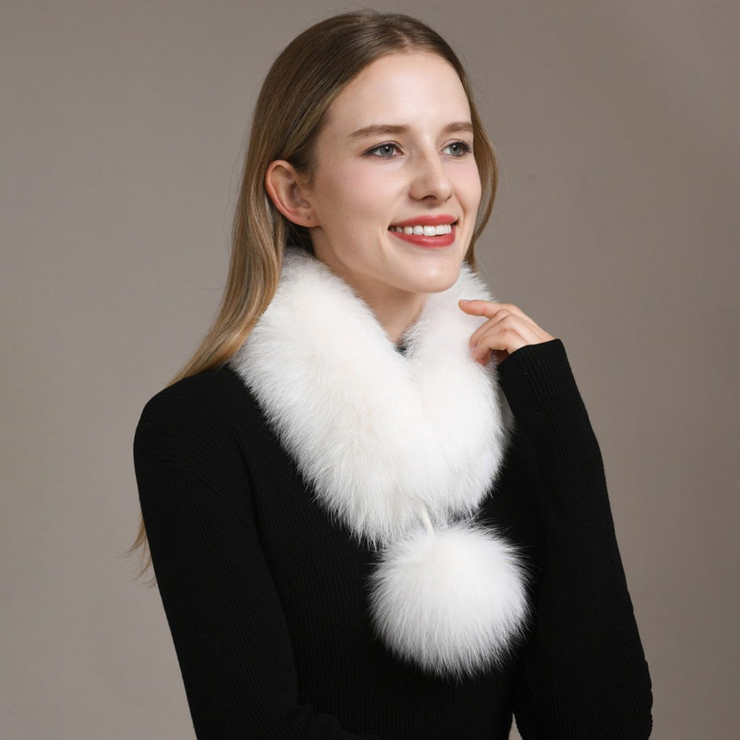 Women’s Real Fox Fur Scarf with Pom-Pom Genuine Fur Collar Neck Warmer