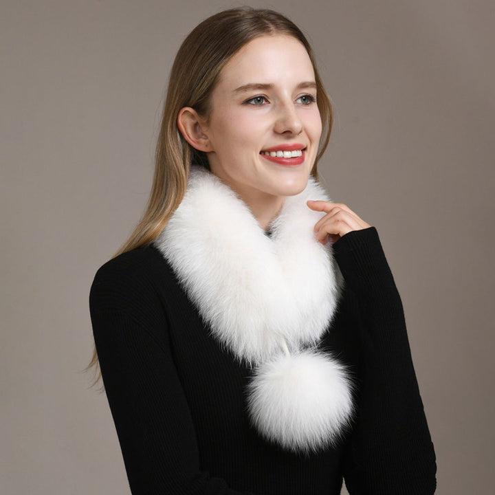 Women’s Real Fox Fur Scarf with Pom-Pom Genuine Fur Collar Neck Warmer