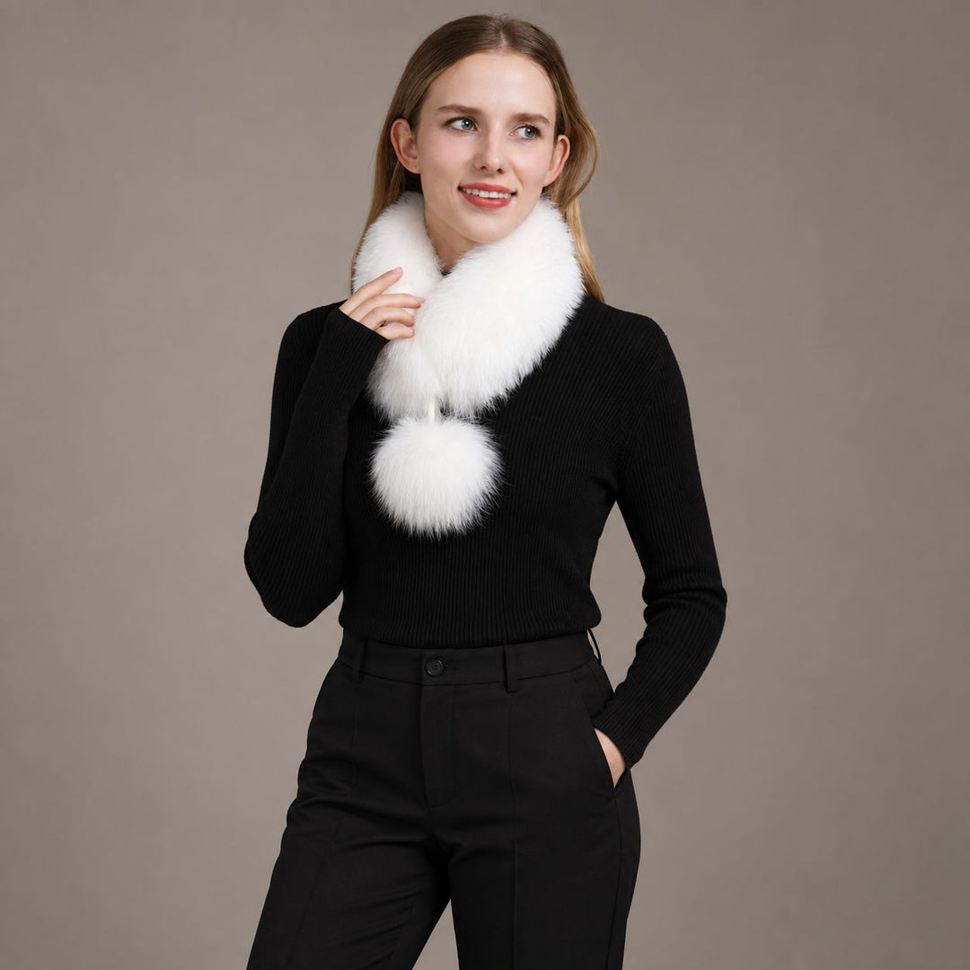Women’s Real Fox Fur Scarf with Pom-Pom Genuine Fur Collar Neck Warmer