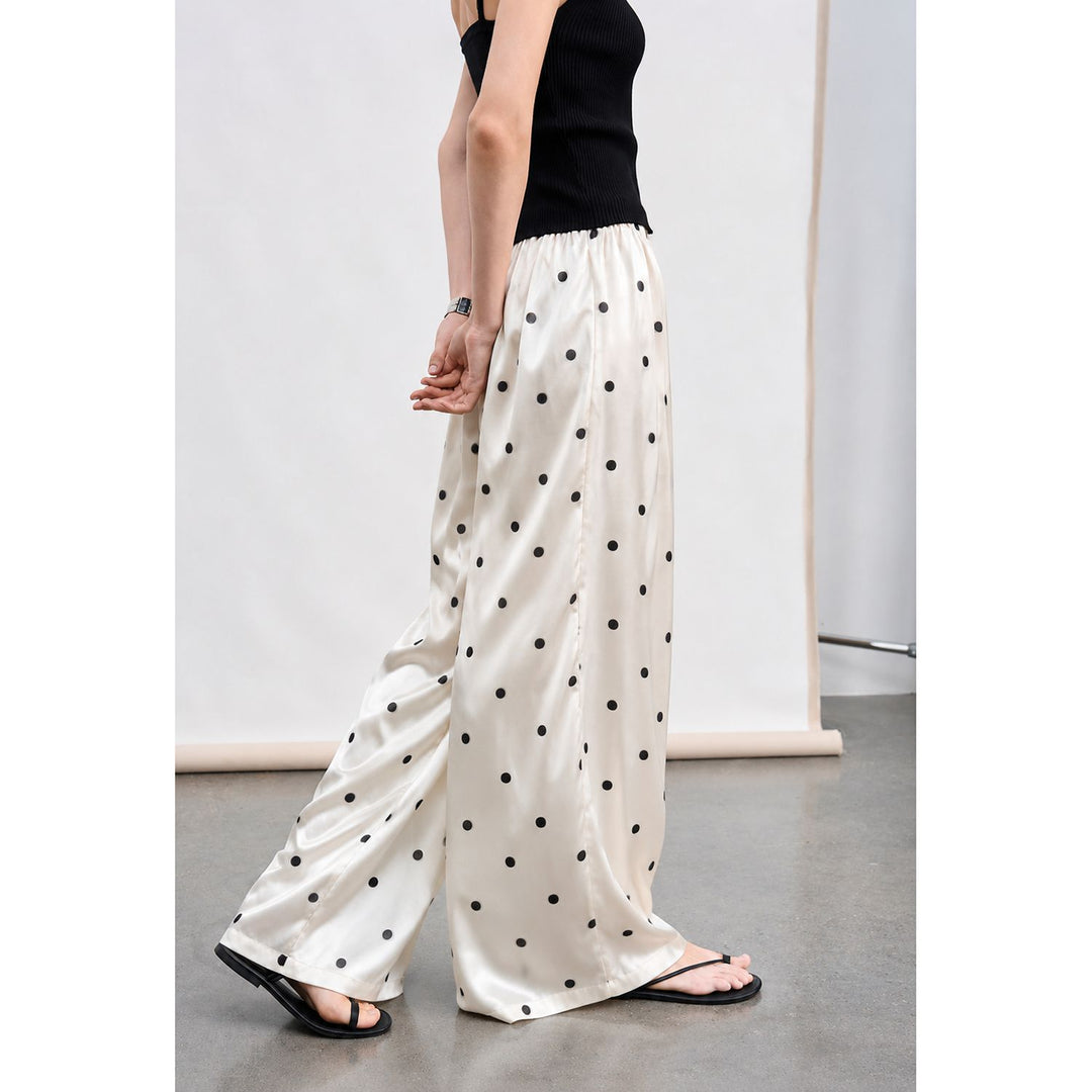 Polka-Dot Print Washable Mulberry Silk Wide-Leg Pants For Women