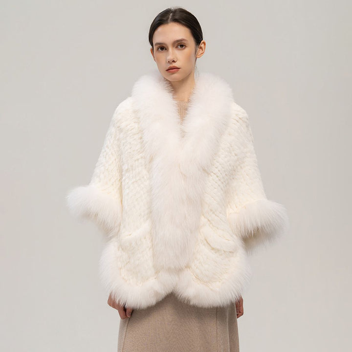 Winter Wedding Real Fox Fur Trimmed Rabbit Fur Knitted Shawl Wrap Cape