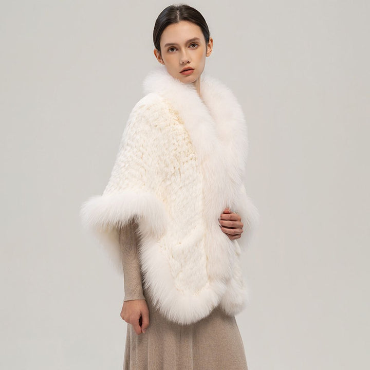 Winter Wedding Real Fox Fur Trimmed Rabbit Fur Knitted Shawl Wrap Cape