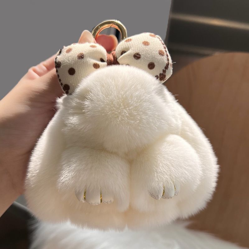 Real Rex Rabbit Fur Bunny Keychain Ultra-Soft Lop Eared Rabbit Key Ring with Bow