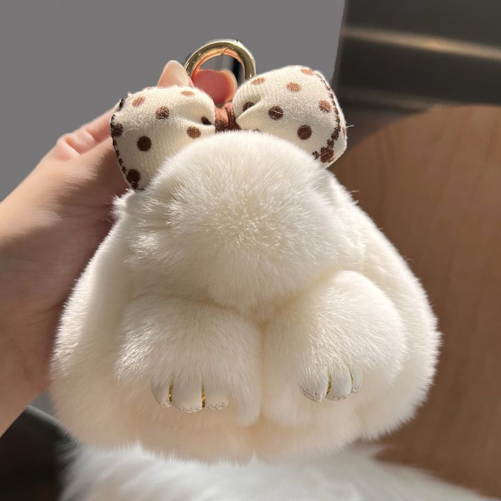Real Rex Rabbit Fur Bunny Keychain Ultra-Soft Lop Eared Rabbit Key Ring with Bow