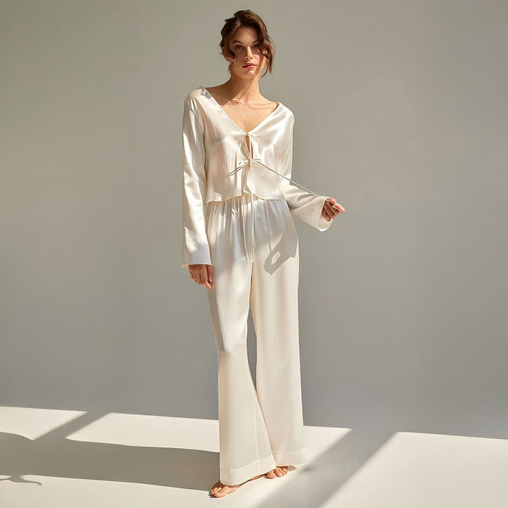 22 Momme Sexy Tie-Front  V-Neck Long Sleeve Silk Pajama Set for Women
