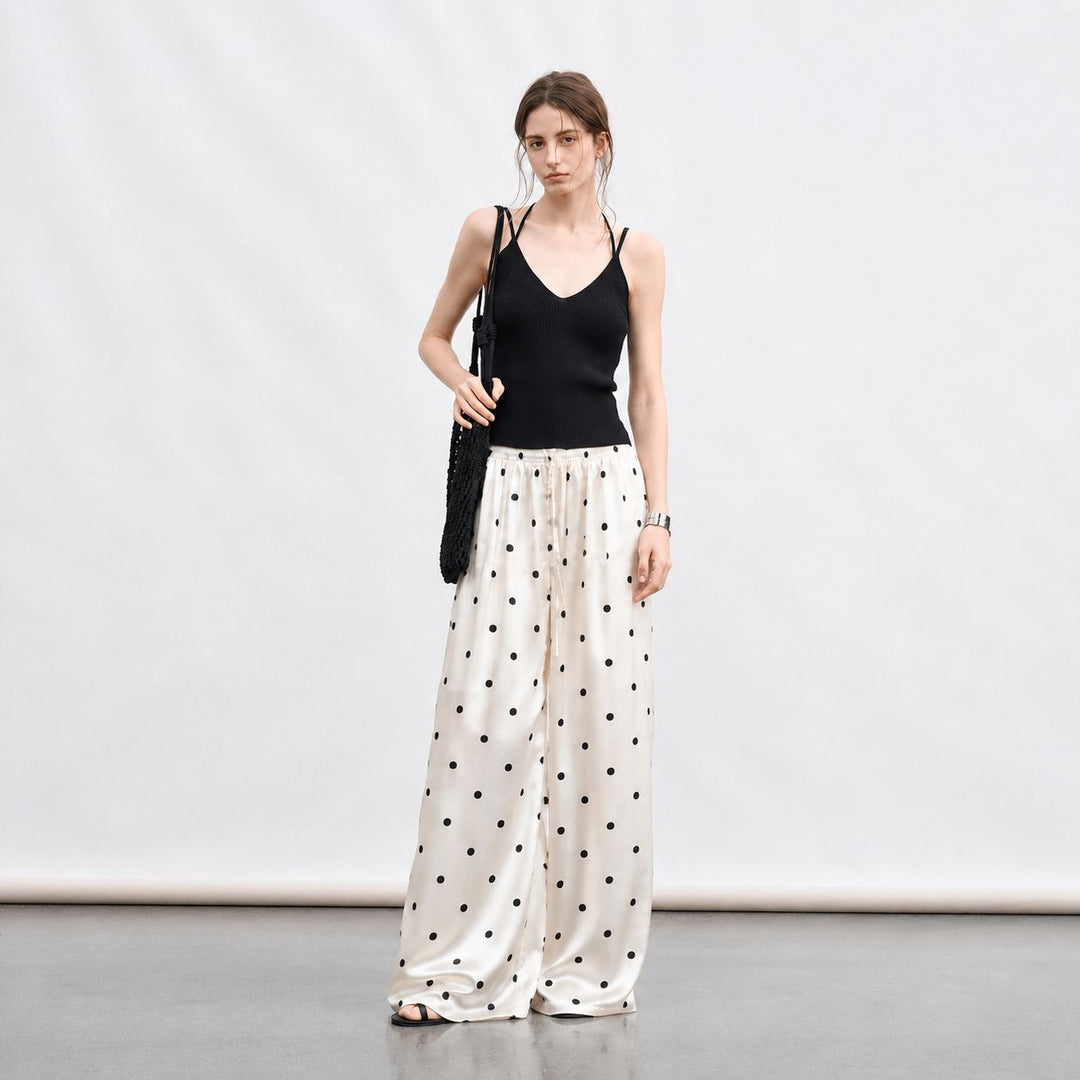 Polka-Dot Print Washable Mulberry Silk Wide-Leg Pants For Women