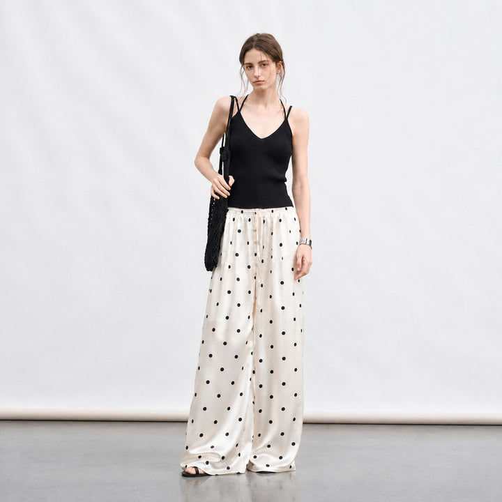 Polka-Dot Print Washable Mulberry Silk Wide-Leg Pants For Women