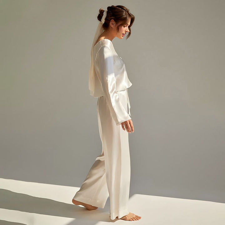22 Momme Sexy Tie-Front  V-Neck Long Sleeve Silk Pajama Set for Women