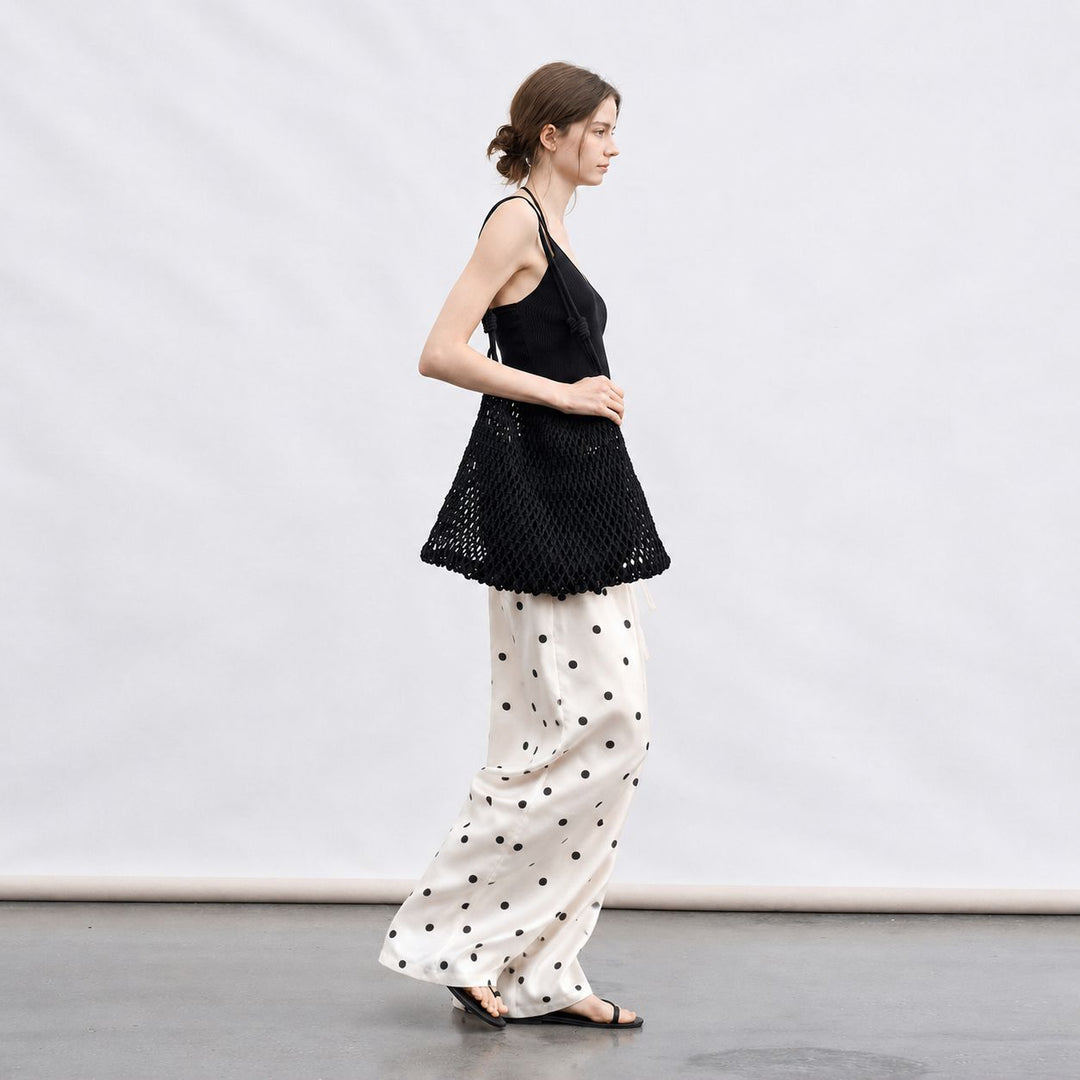 Polka-Dot Print Washable Mulberry Silk Wide-Leg Pants For Women