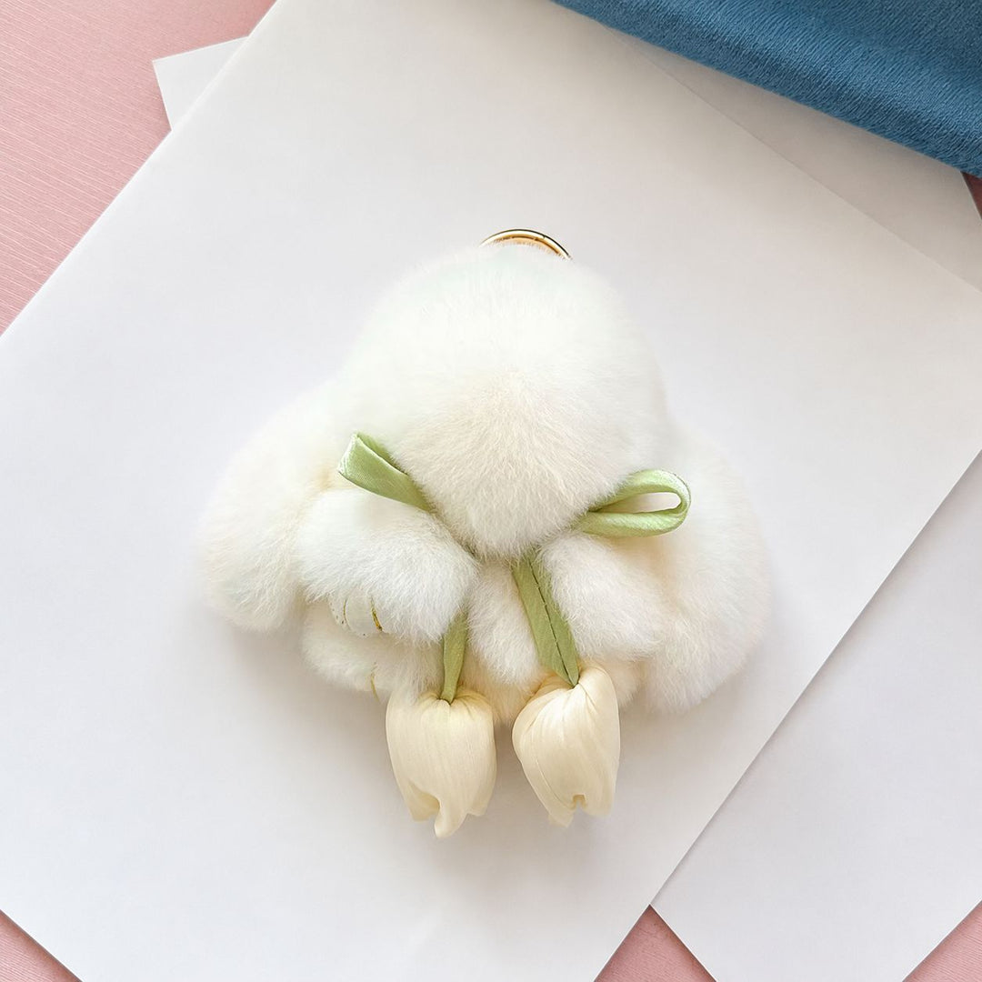 Cute Bunny Rabbit Fur Keychain with Tulip Charm Soft Plush Rabbit Bag Charm Key Ring Accessory