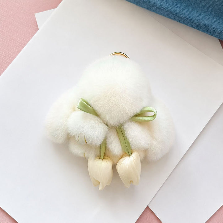 Cute Bunny Rabbit Fur Keychain with Tulip Charm Soft Plush Rabbit Bag Charm Key Ring Accessory