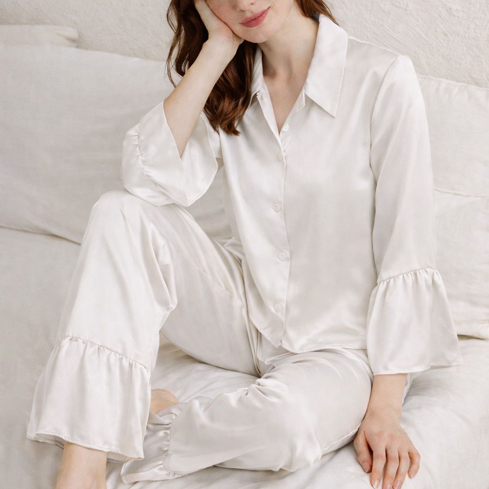 22 Momme Long Sleeve Ruffled Hem Mulberry Silk Pajama Set for Women
