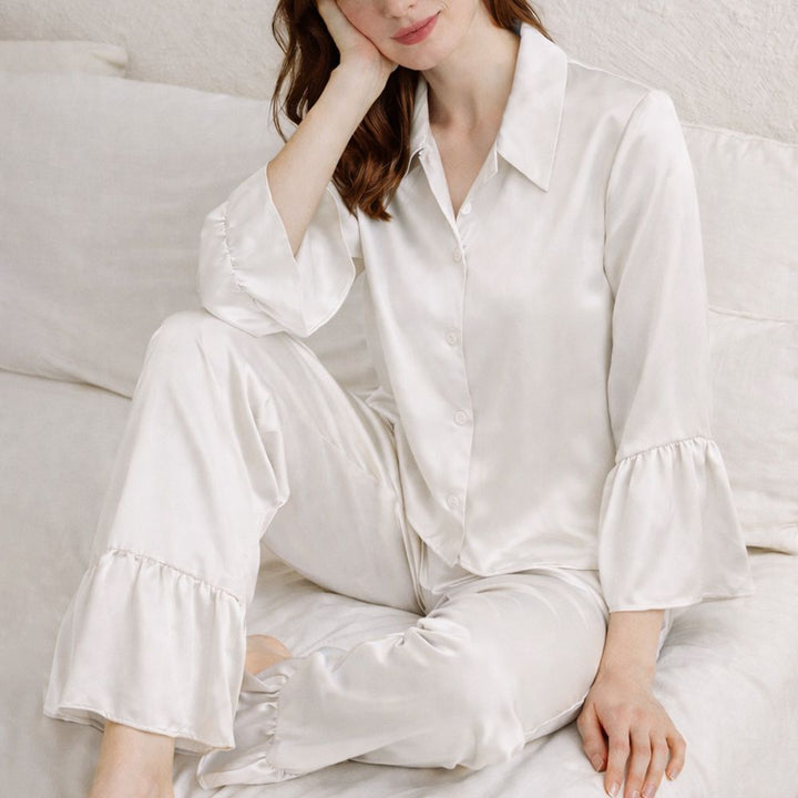 22 Momme Long Sleeve Ruffled Hem Mulberry Silk Pajama Set for Women