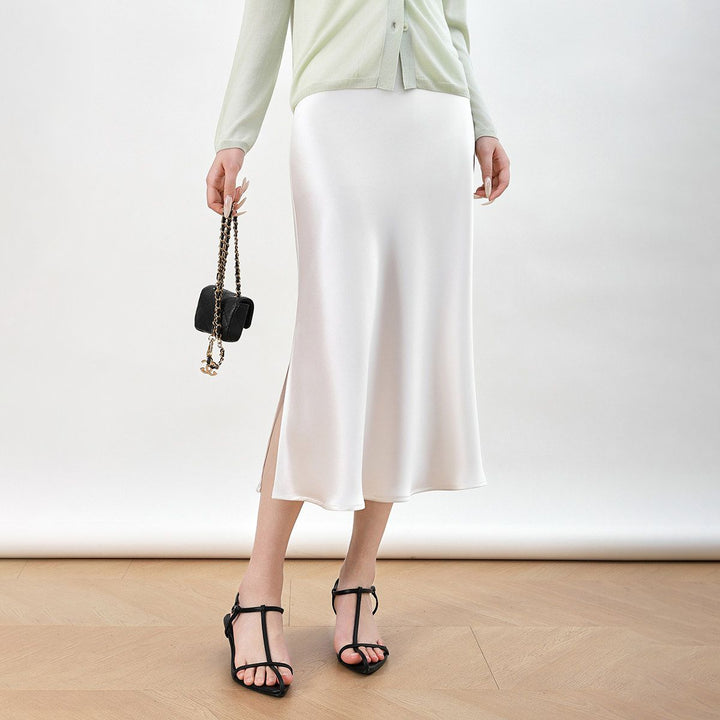 22 Momme Mulberry Charmeuse Silk Midi Skirt with Side Slit