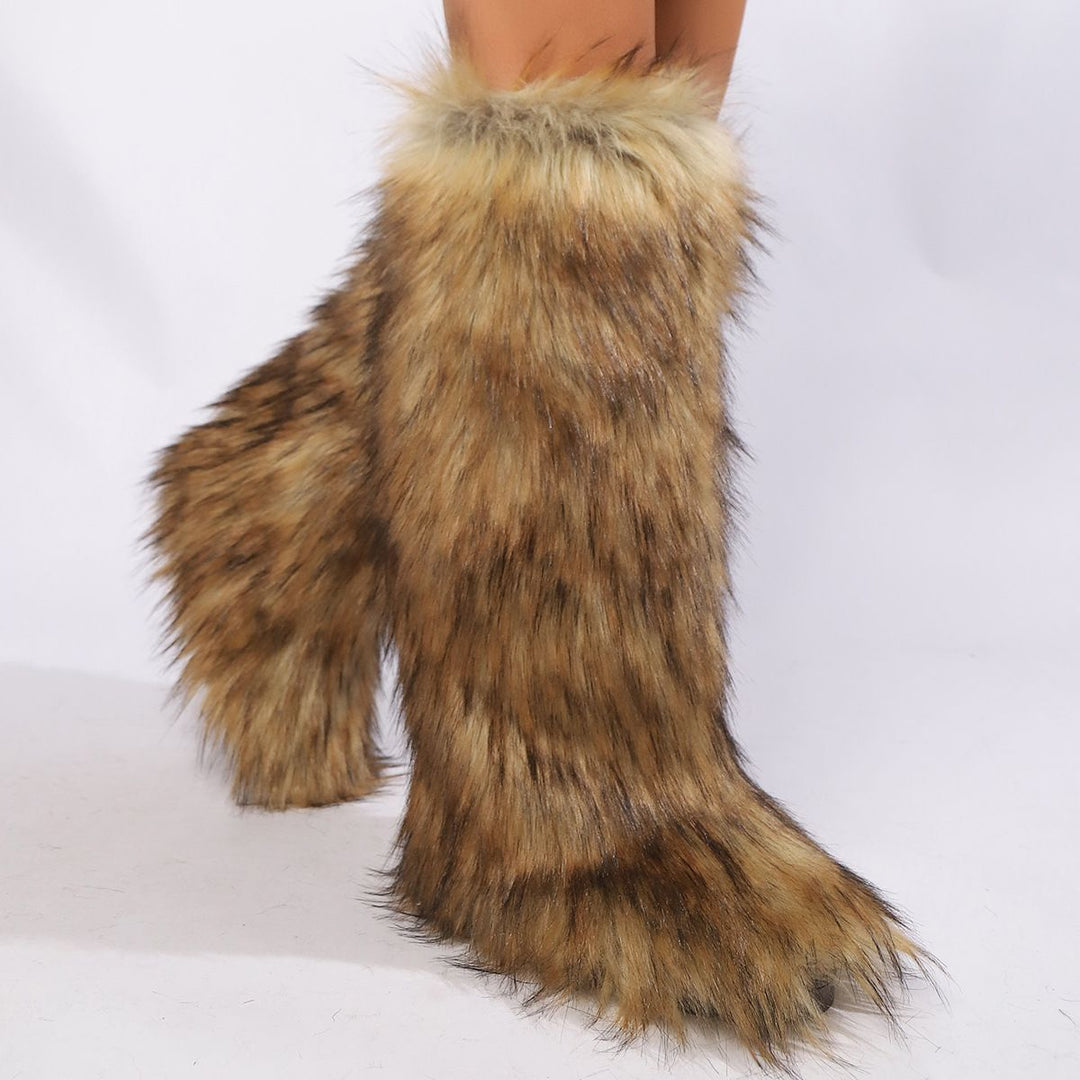 Womens Faux Fur Boot Winter Fluffy Long Furry Boots for Girls Outdoor Fuzzy Knee-High Boots