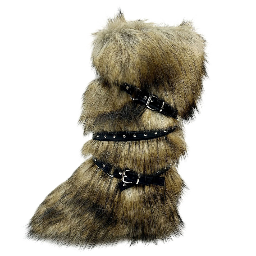 Womens Faux Fur Boot Winter Fluffy Long Furry Boots for Girls Outdoor Fuzzy Knee-High Sexy Snow Boots with Cross Straps and Buckle