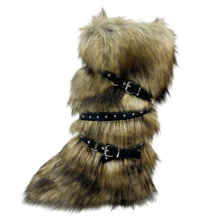 Womens Faux Fur Boot Winter Fluffy Long Furry Boots for Girls Outdoor Fuzzy Knee-High Sexy Snow Boots with Cross Straps and Buckle