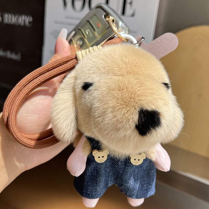 Cute Plush Puppy Fur Bag Charm Soft Real Rabbit Fur Furry Dog Keychain
