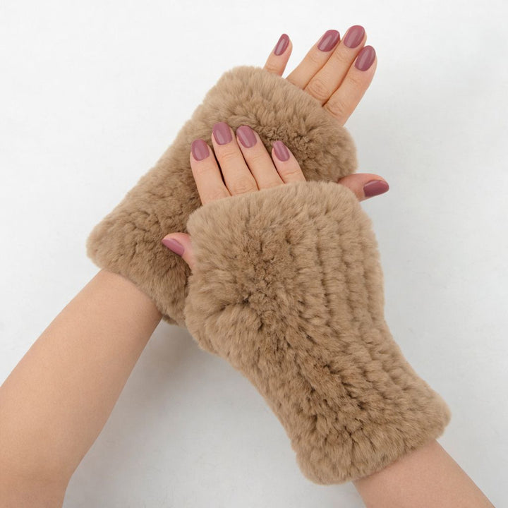 Women’s Real Rabbit Fur Fingerless Gloves Soft Plush Winter Knitted Mittens