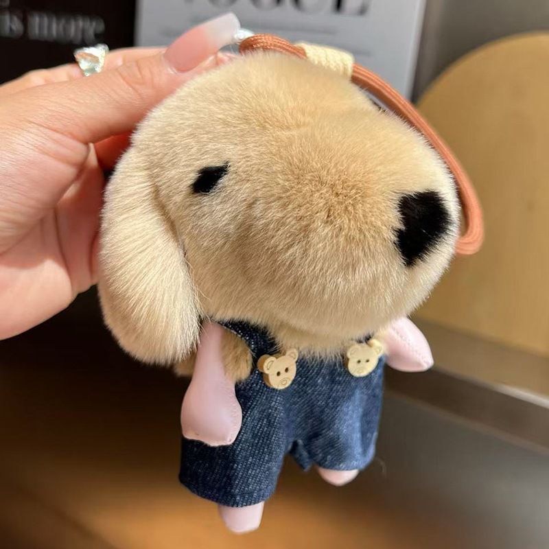 Cute Plush Puppy Fur Bag Charm Soft Real Rabbit Fur Furry Dog Keychain
