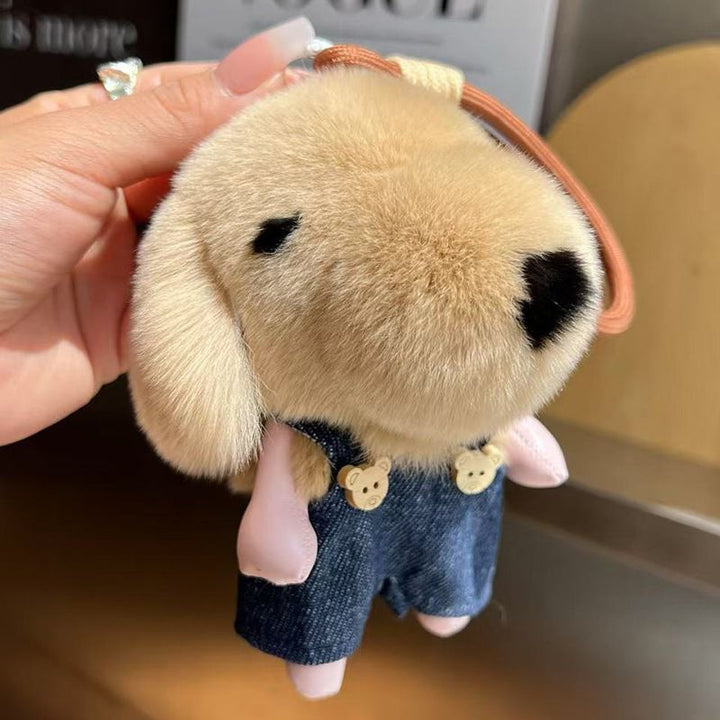 Cute Plush Puppy Fur Bag Charm Soft Real Rabbit Fur Furry Dog Keychain