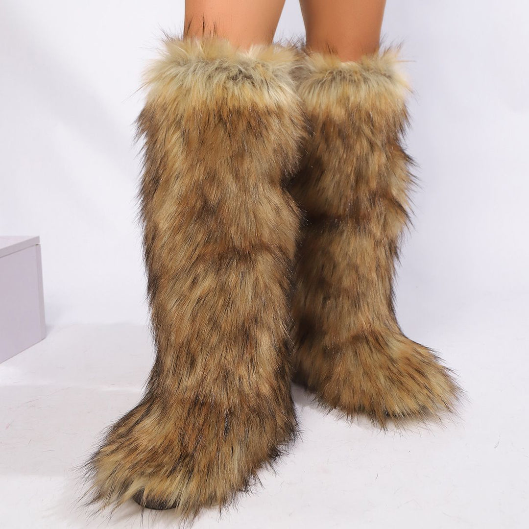 Womens Faux Fur Boot Winter Fluffy Long Furry Boots for Girls Outdoor Fuzzy Knee-High Boots