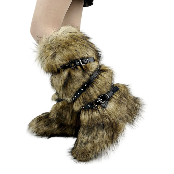 Womens Faux Fur Boot Winter Fluffy Long Furry Boots for Girls Outdoor Fuzzy Knee-High Sexy Snow Boots with Cross Straps and Buckle