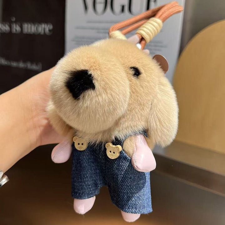 Cute Plush Puppy Fur Bag Charm Soft Real Rabbit Fur Furry Dog Keychain