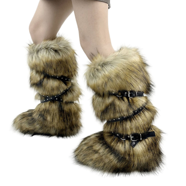 Womens Faux Fur Boot Winter Fluffy Long Furry Boots for Girls Outdoor Fuzzy Knee-High Sexy Snow Boots with Cross Straps and Buckle