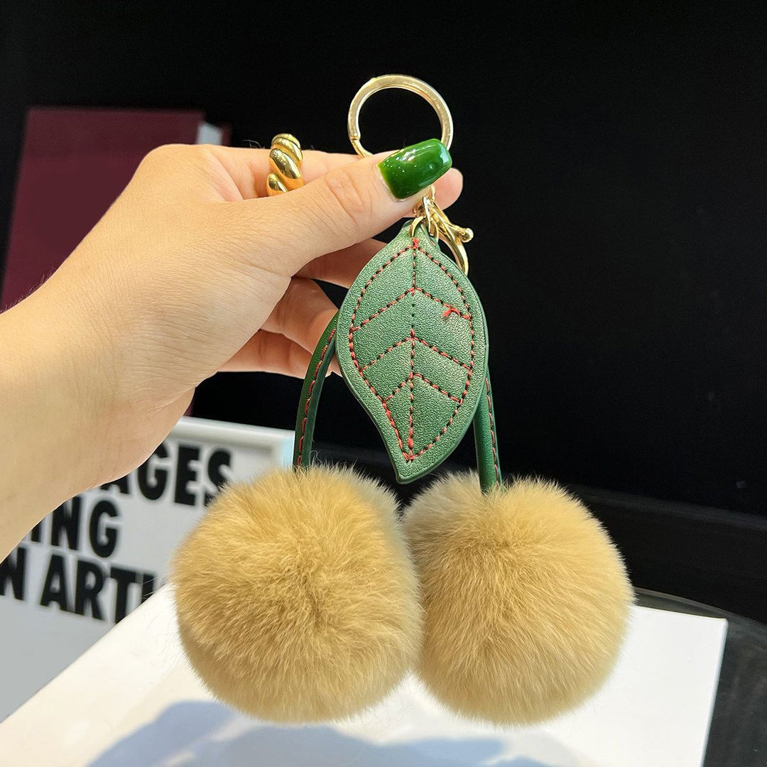 Rabbit Fur Cherry Keychain Cute Pom Pom Plush Bag Car Charm