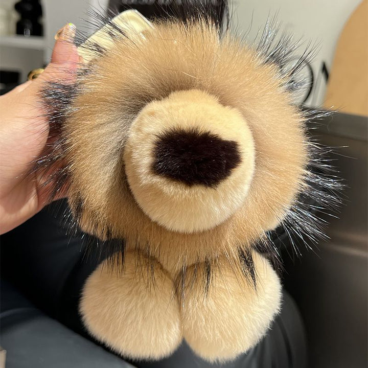 Real Fur Lion Keychain Handmade Fluffy Animal Bag Charm Luxury Fur Pom Pom Key Ring